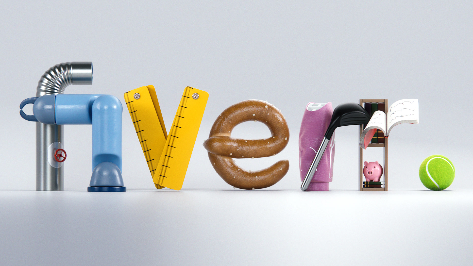 Fiverr lettering built from everyday objects CGI